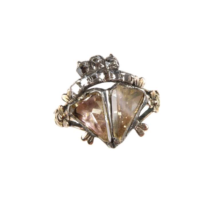 Triangular cut diamond twin heart cluster ring